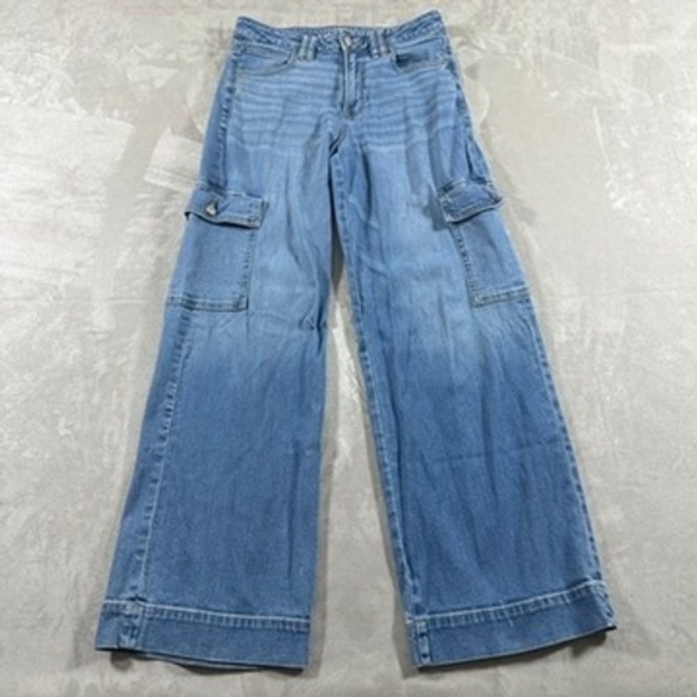 American Eagle Cargo Jeans Womens Super High Rise Baggy Wide Leg 4 Blue